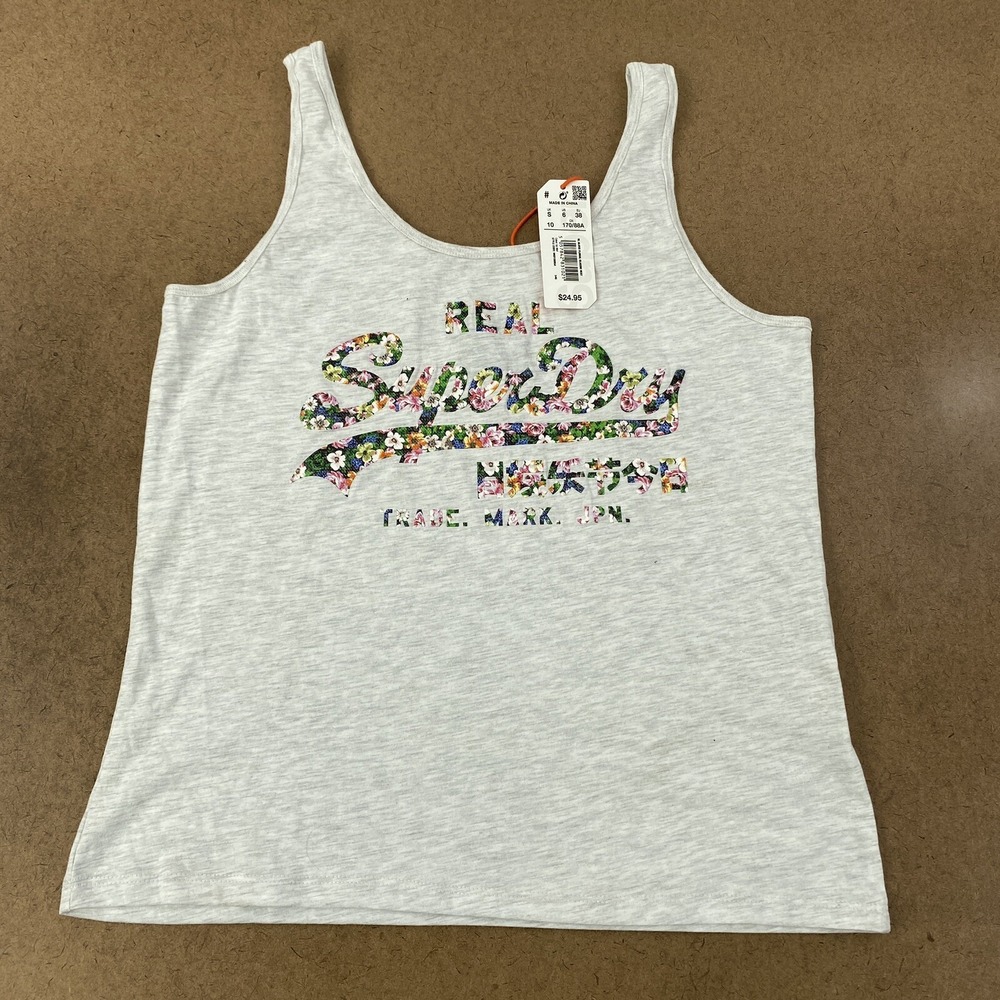 Superdry Women's Size 6 Heather Gray Vintage Logo Gloss Floral Classic Tank NWT